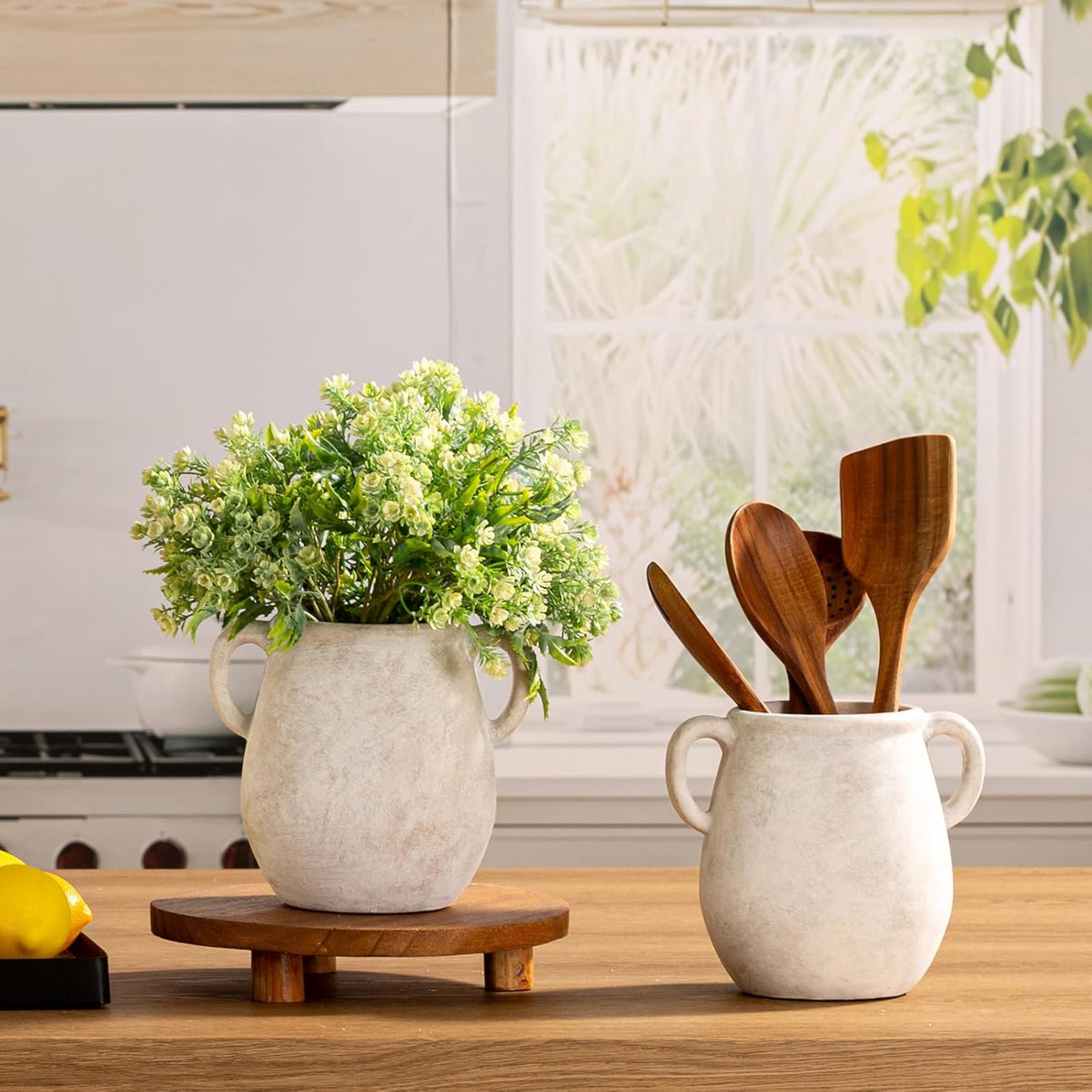 Ceramic Flower Vase Home Decor - 7.1 Inch White Rustic Table Flowers Vases Living Room Bedroom