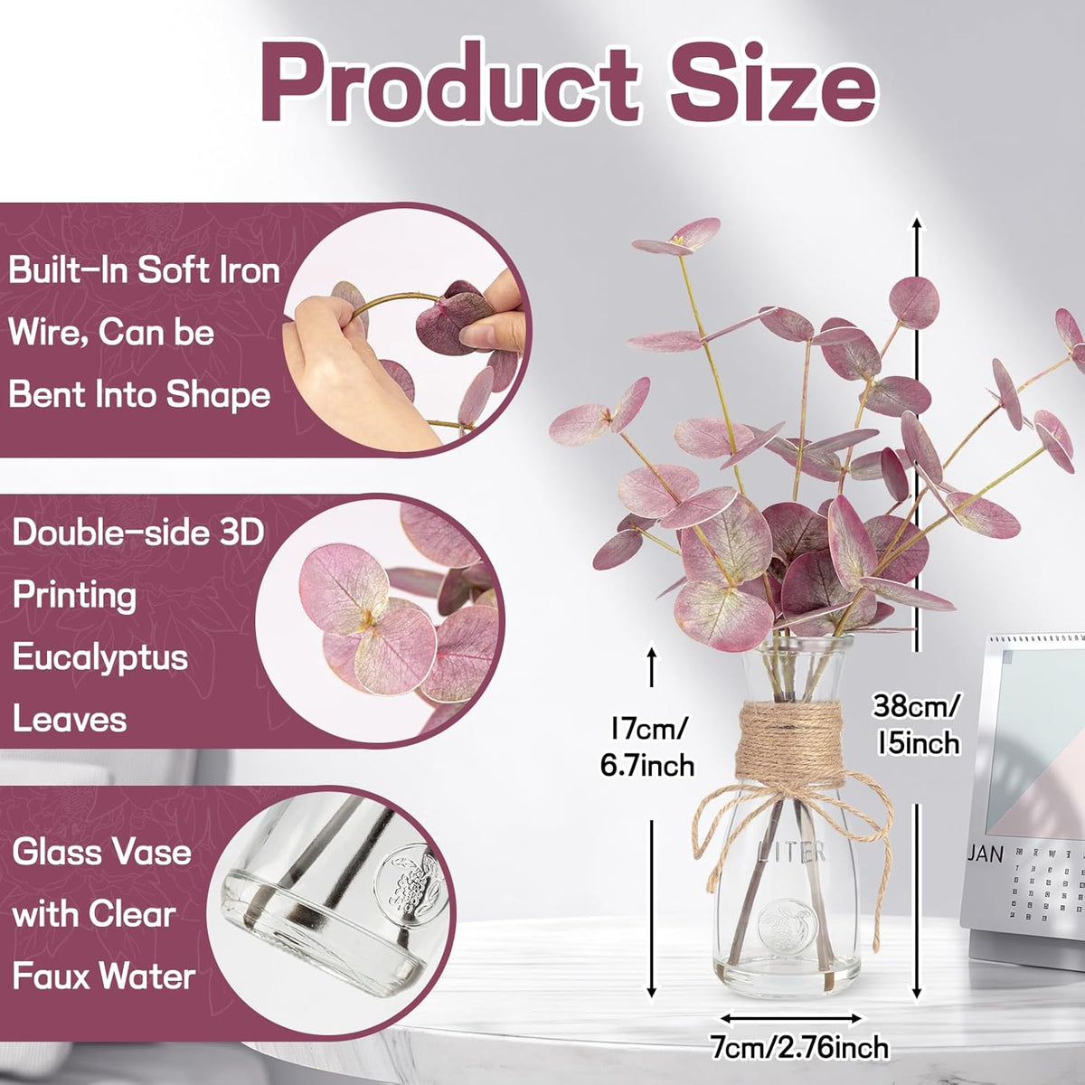 Artificial Eucalyptus Stems in Glass Vase with Faux Water, 15" Small Bathroom Greenery with