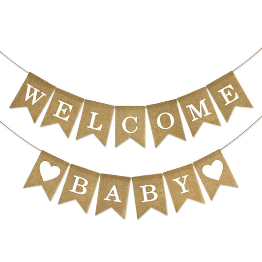 Anwyll Burlap Welcome Baby Banner - NO DIY Baby Shower Decoration Banner Oh Welcome Babies Shower