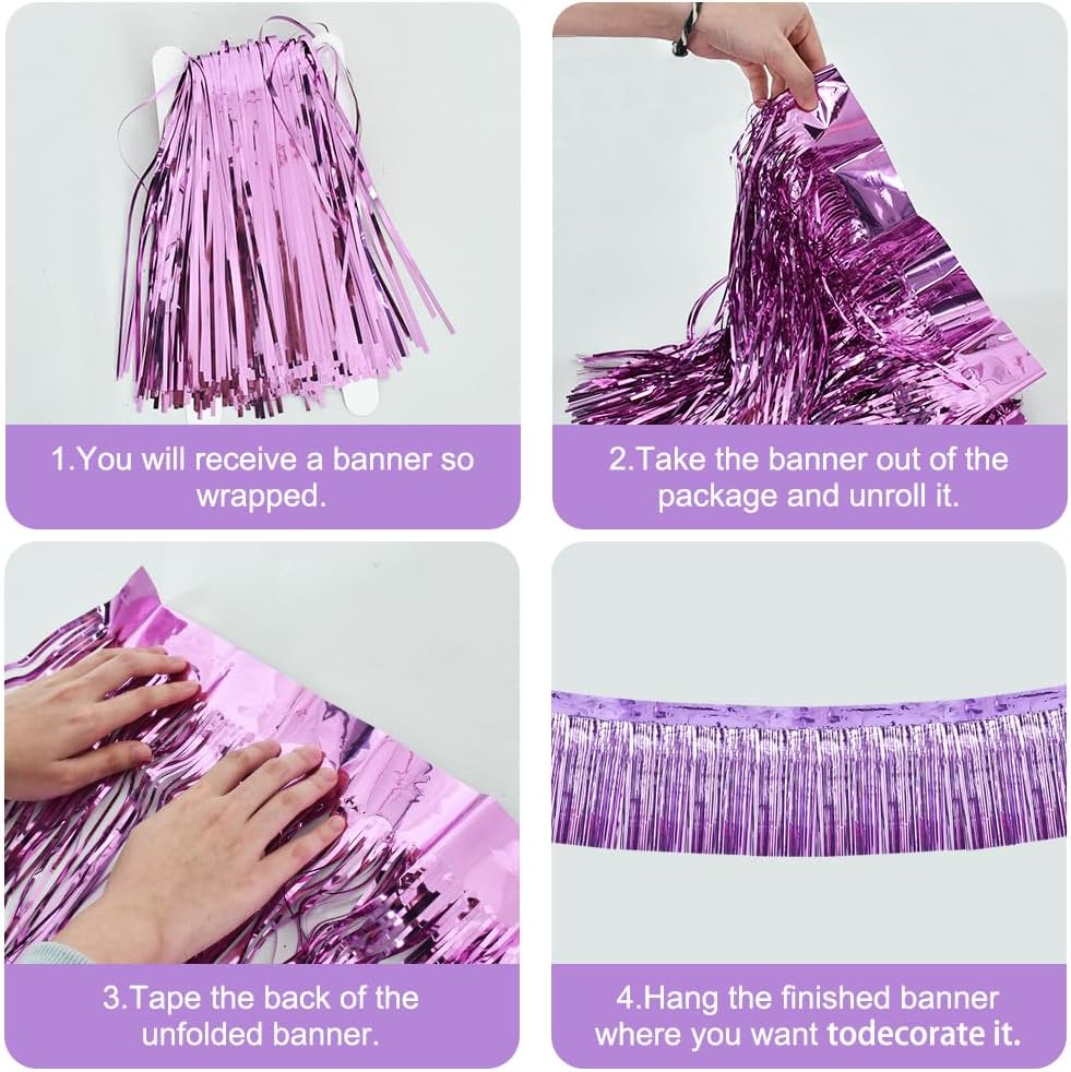 BEISHIDA 3 Packs Metallic Foil Fringe Garland Light Purple Wall Hanging Tinsel Fringe Banners for