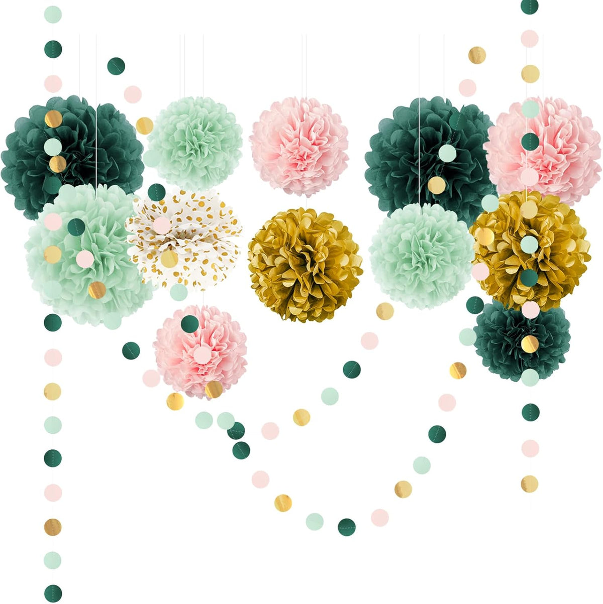 AOBKIAT Wedding Birthday Party Decorations Set,15PCS Sage Green Pink Tissue Paper PomPoms Circle