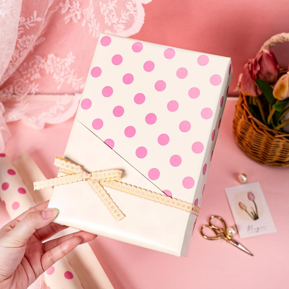Burymento Pink and Beige Dots Wrapping Paper, Reversible Pink Gift Wrap for Birthday, Valentines