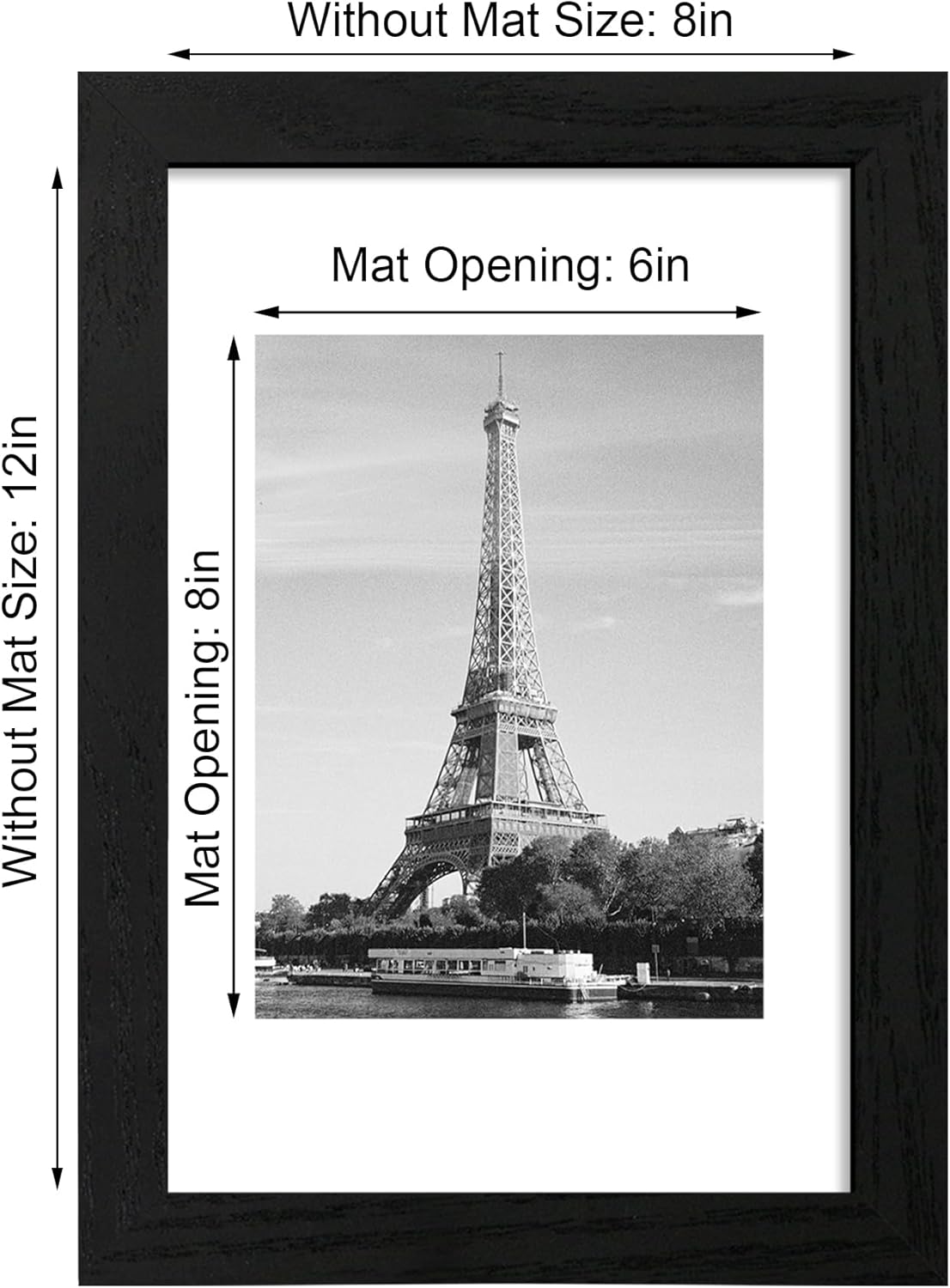 8x12 Picture Frame Set of 4 with HD Glass, Black Frame Display 6x8 Picture with Mat or 8 x 12
