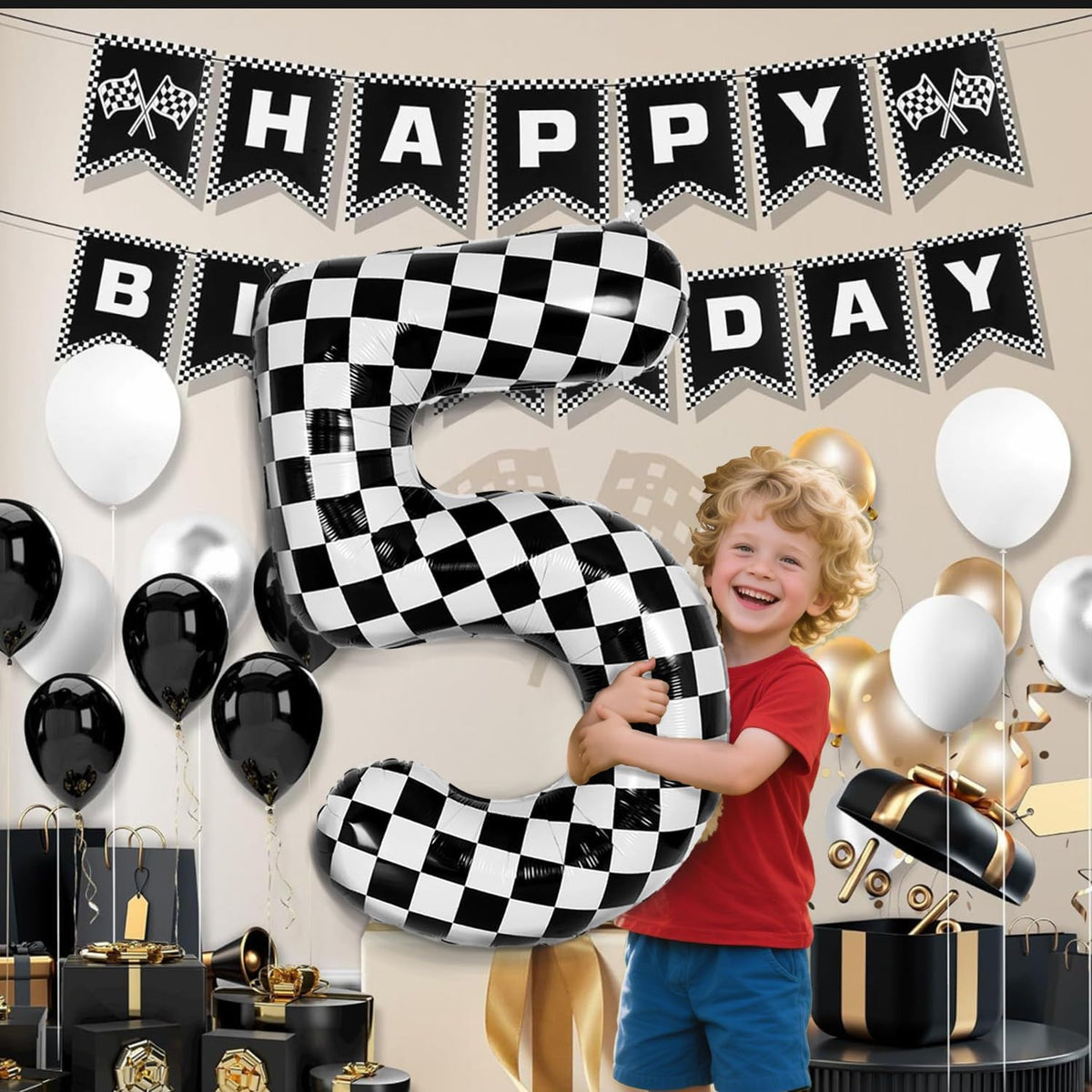 40 Inch Checkered Number Balloon - Race Flag Pattern Big Helium Balloon for Birthday Party