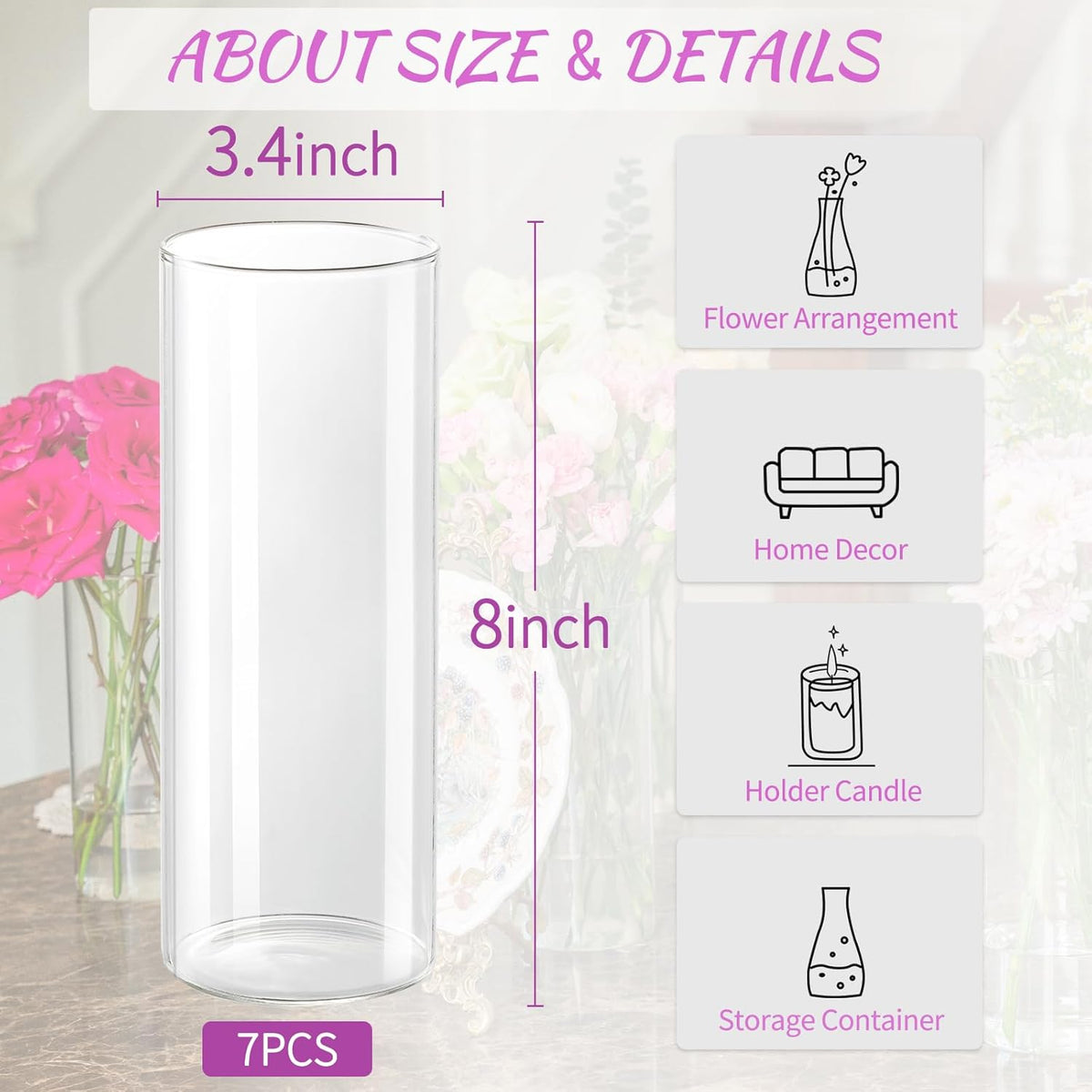 7pcs Glass Cylinder Vases for Centerpieces - 8 Inch Tall Glass Vases for Flower, Clear Flower Vase