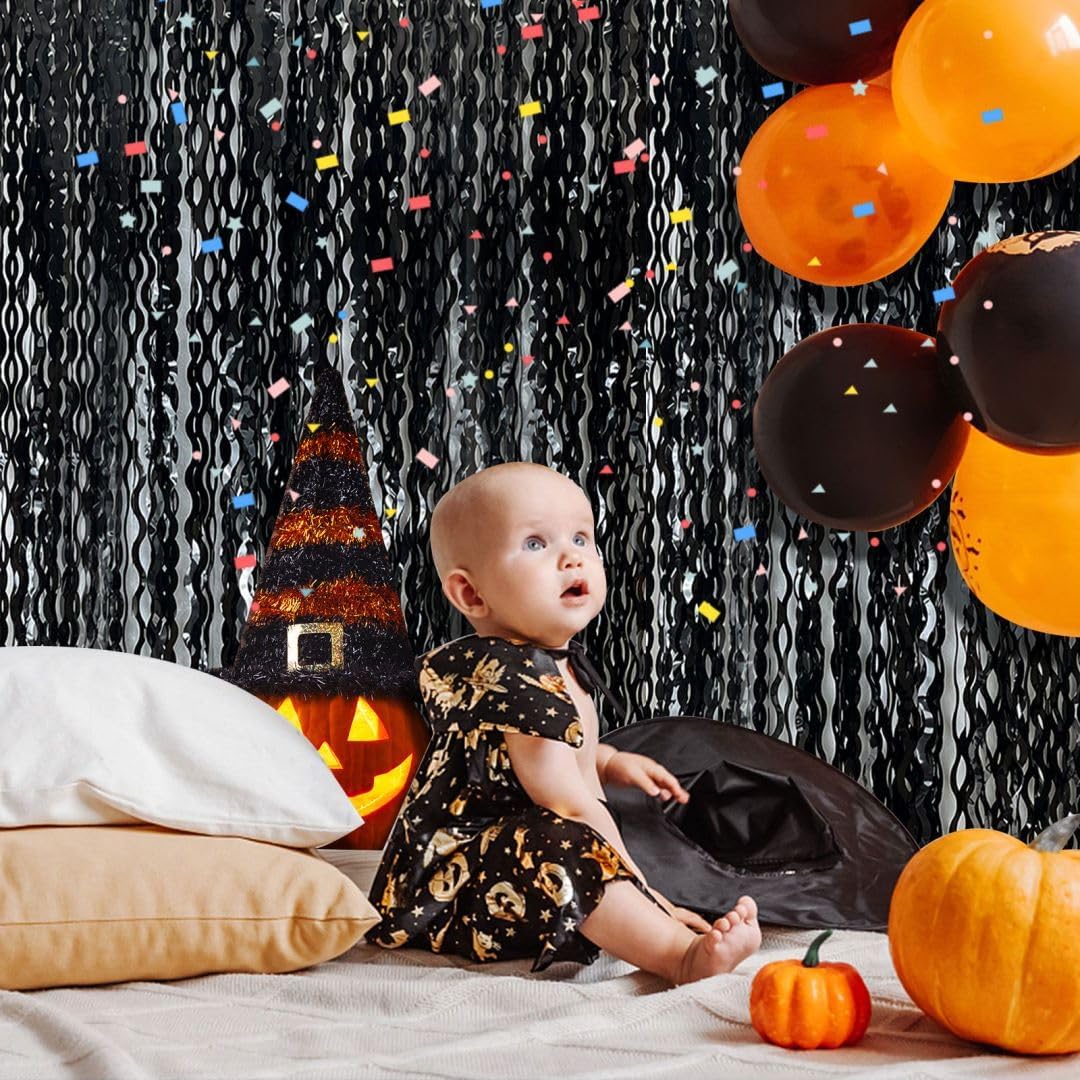 Black Backdrop for Party Decorations, Wave Foil Fringe Curtain Tinsel Photo Backdrop Black