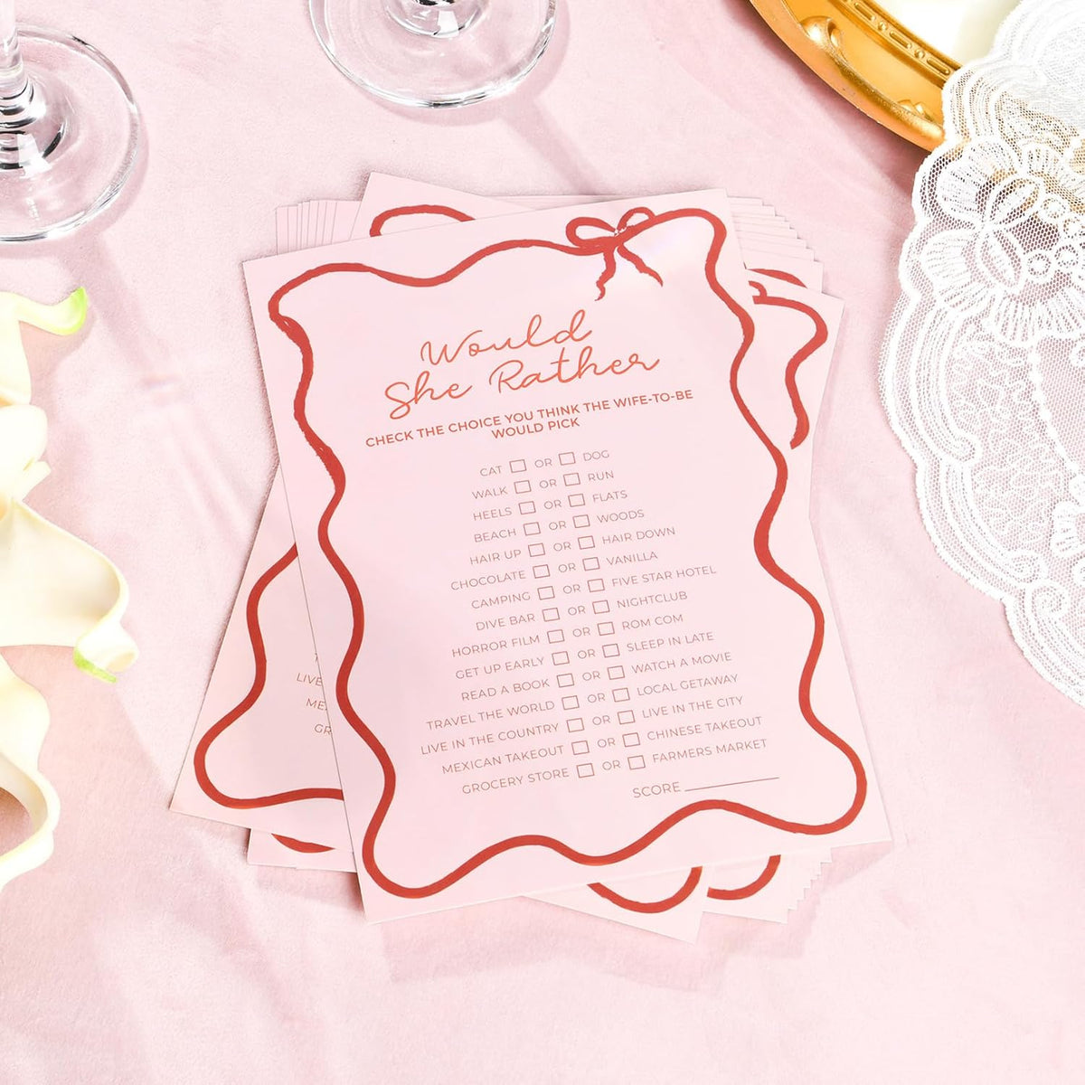 DEEKA 30 PCS Bridal Shower Games Card for 30 Guests Pink Wavy Border Ribbon Bow Funny Wedding