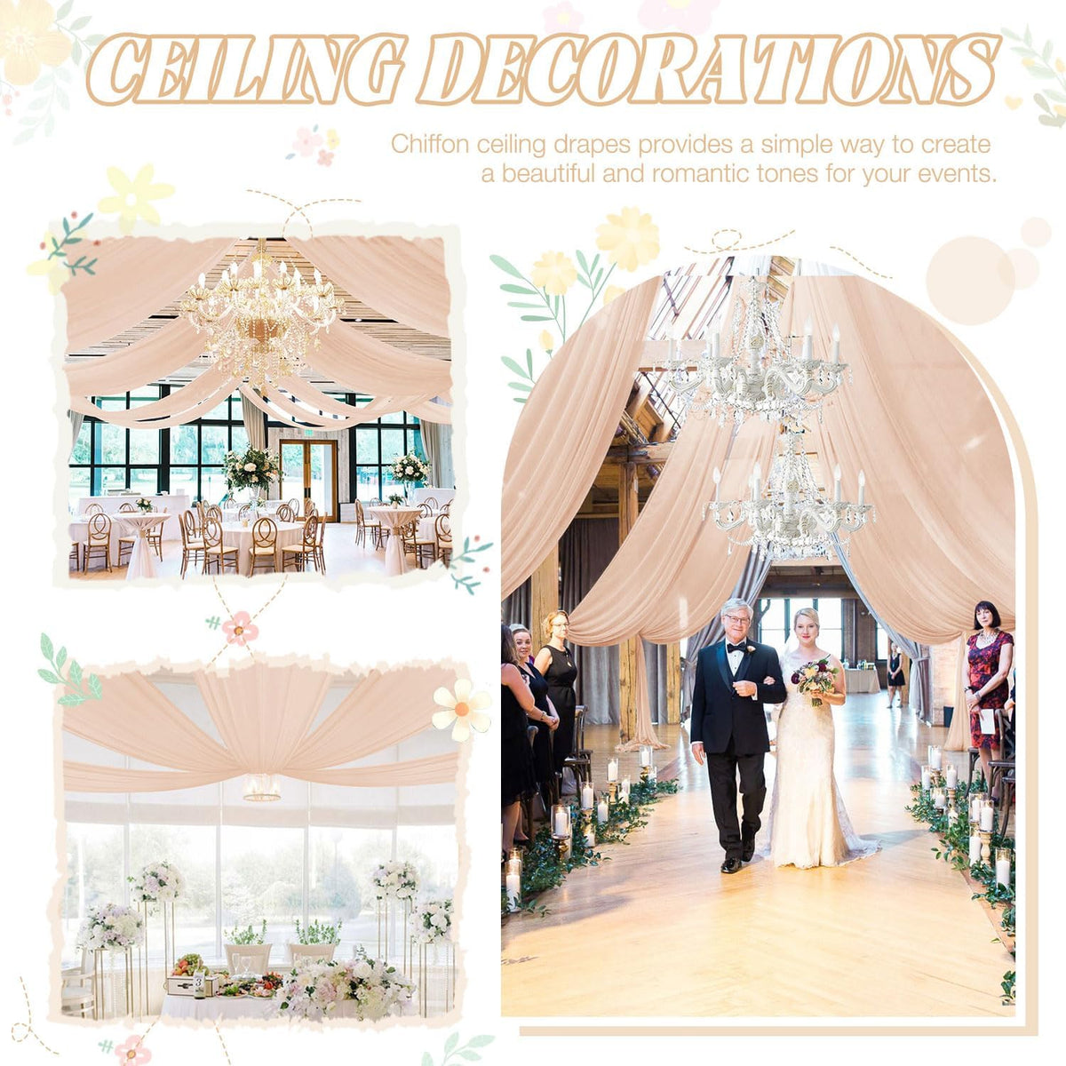 FUHSY Ceiling Drapes for Weddings 4 Panels 5x20 FT Champagne Chiffon Fabric Drape Sheer Backdrop