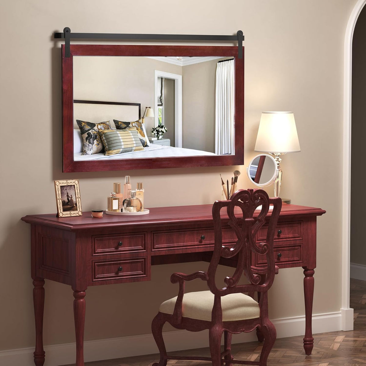 COGOOD Farmhouse Bathroom Mirror - 45 x 30 Rustic Wood Framed Wall Barn Door Mirror for Entryway