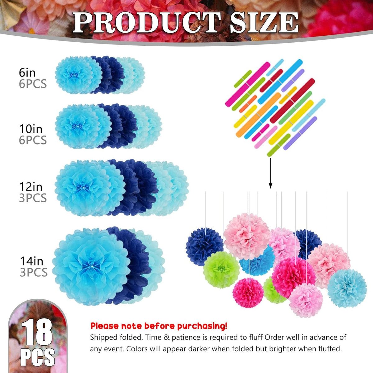 Tissue Paper Pom Poms, Blue Tissue Paper Flowers, Hanging Flower Balls for Weddings Fiesta Parties