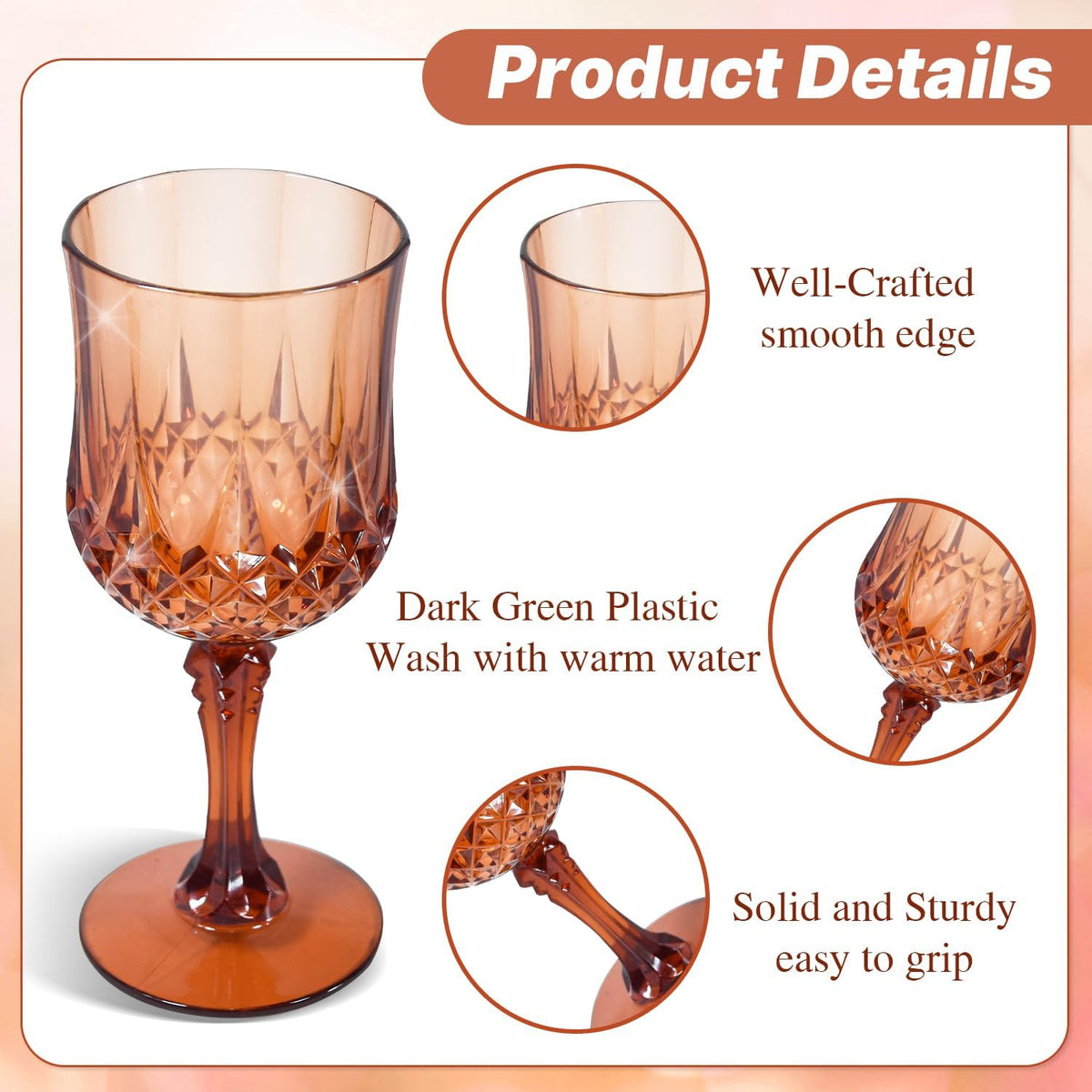 24 Pcs Plastic Rose Gold Stemmed Wine Glasses, 7oz, Unbreakable, BPA-free, Dishwasher Safe, Perfect
