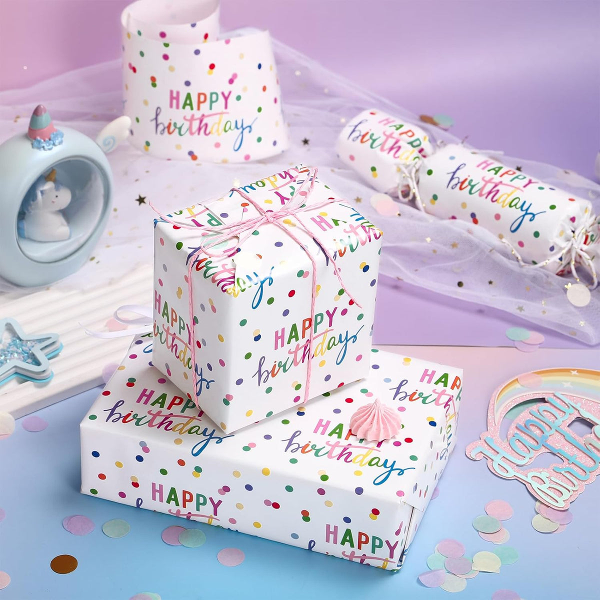 LeZakaa Birthday Wrapping Paper Roll, Happy Birthday Lettering & Colored Polka Dots Design in White