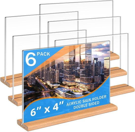 Kersally Acrylic Sign Holder 6 x 4, 6 Pack Double-Sided Clear Table Display Stands with Wood