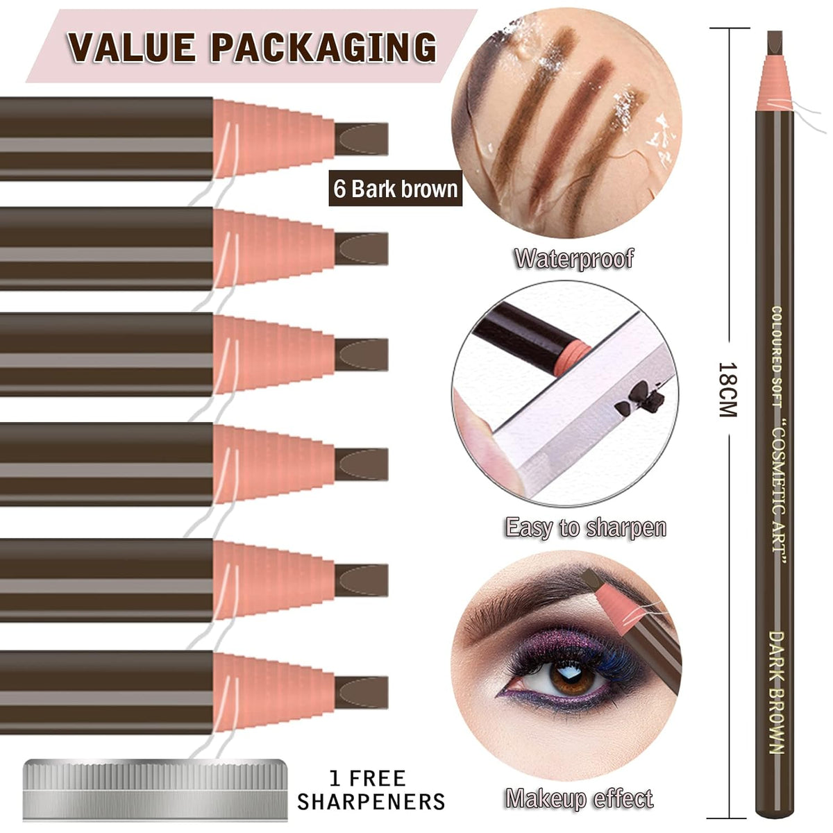 6 Piece Dark Brown Waterproof Eyebrows Pencil Tattoo Makeup And Microblading Supplies Kit-Permanent