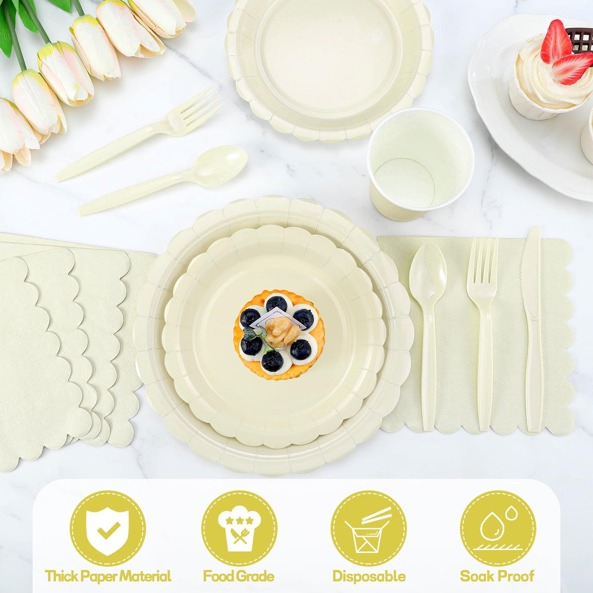 Xiangqu 25 Set Party Plates and Cups and Napkins Ivory Scalloped Dinnerware