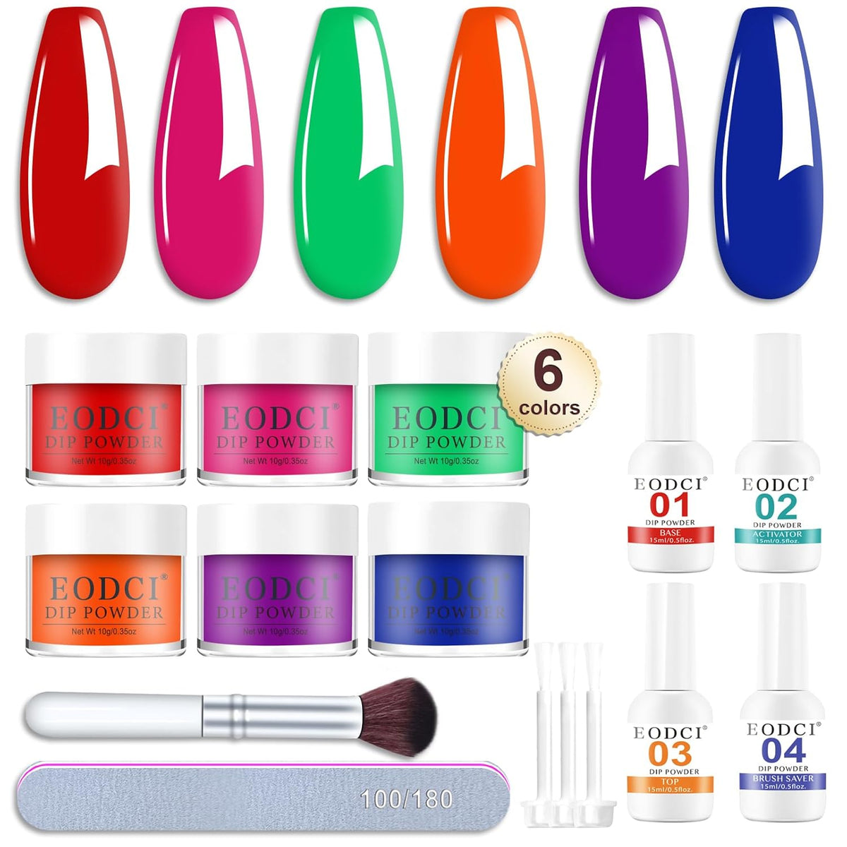 12 Pcs Dip Powder Nail Kit Starter Kit, 6 Colors Pink Red Orange Green Blue Dipping Powder Kit with