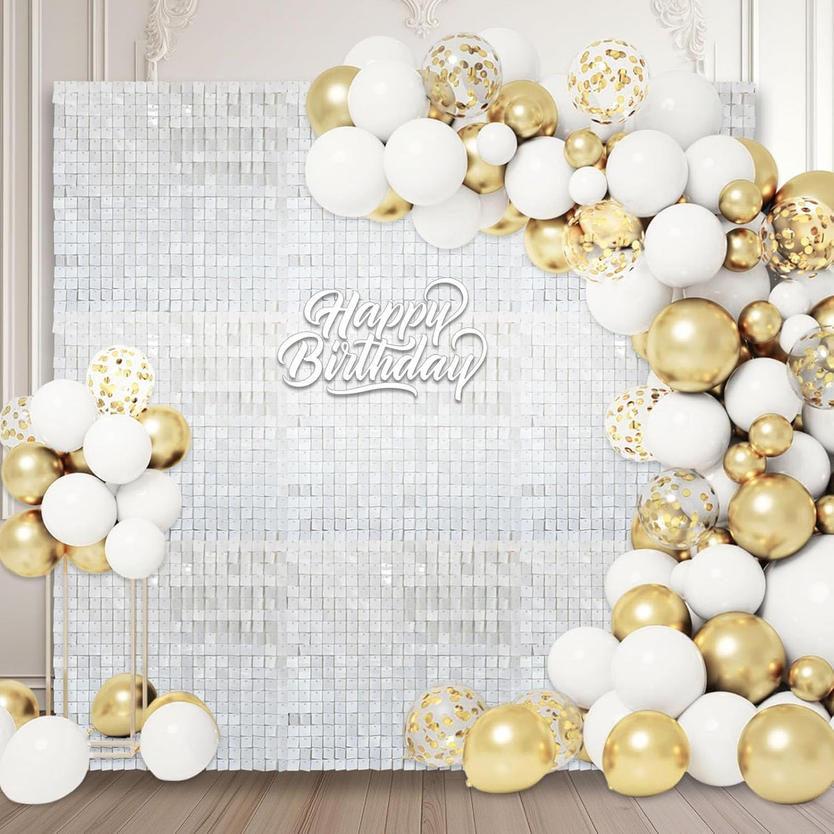 24PCS White Shimmer Wall Backdrop, Square Sequin Photo Backdrops Panel, Glitter Wall Background for