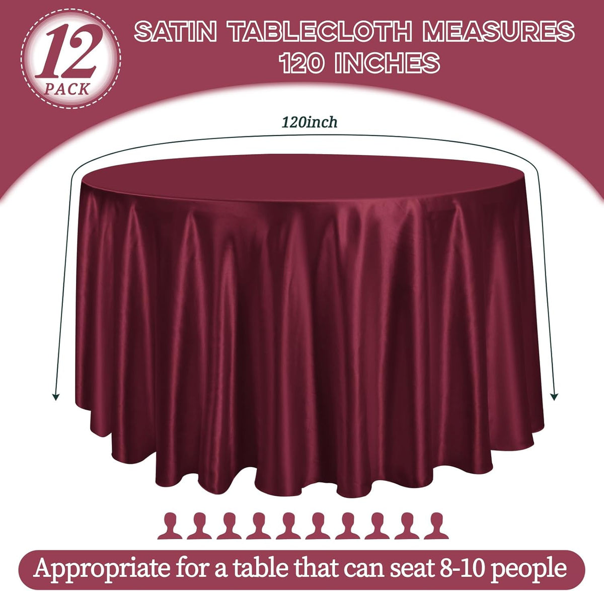 fani 12 Pack 120 Inch Burgundy Satin Tablecloth - Premium Bright Silky Round Tablecloth Overlay