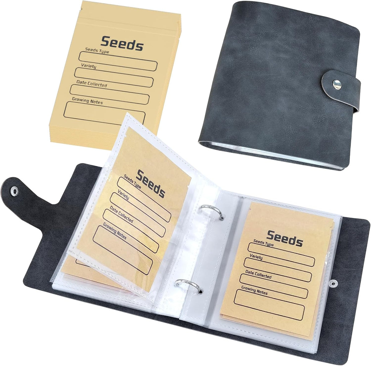 Seed Organizer Binder with 50 PCS Resealable Seed Envelopes - 50 Storage Pockets, 3.5x5 Inch Clear