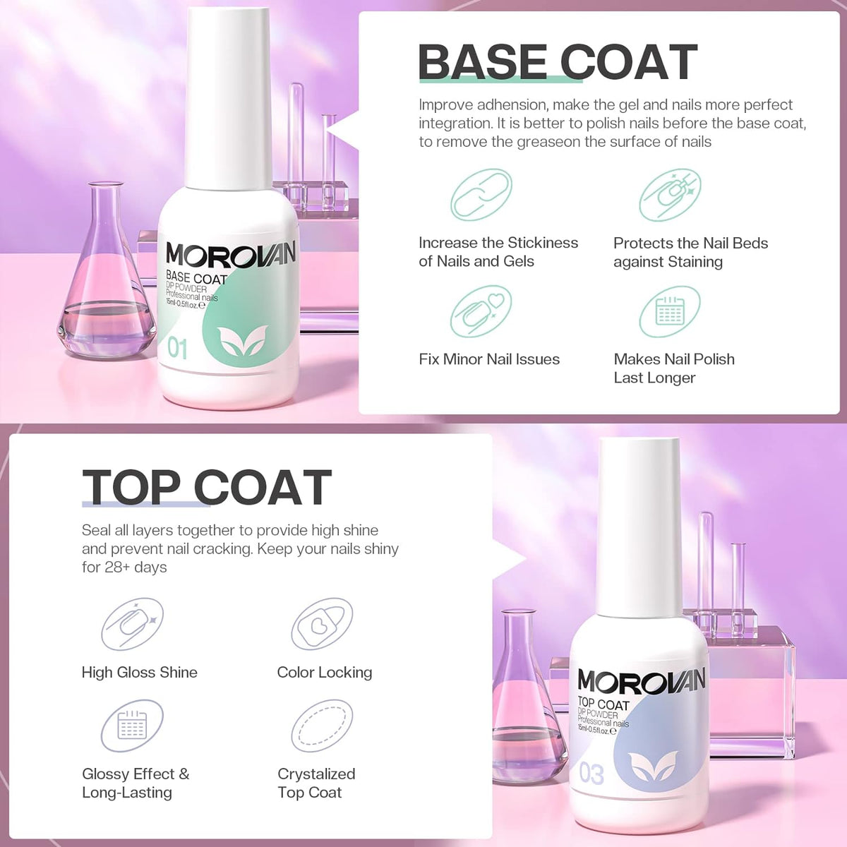 Morovan Dip Powder Liquid Set with Activator Base Top Coat and Dipping Powder Brush Saver 4pcs