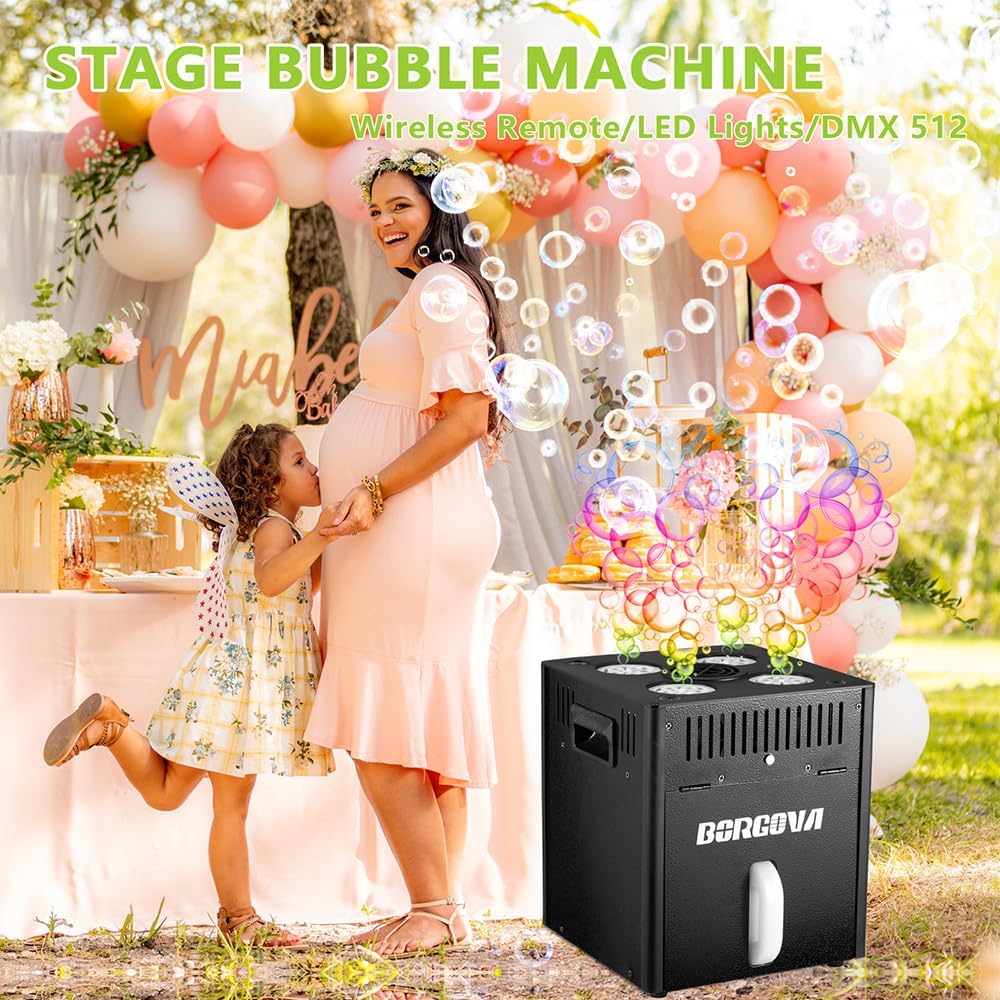 Stage Bubble Machine with Lights, DMX Control, Wireless Remote - Perfect for Weddings, Commercial