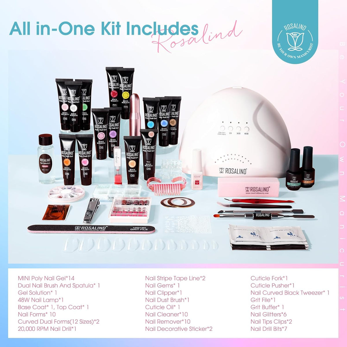 Poly Nail Gel Starter Kit -14 Colors + 75 Nail Art Accessories Kit, ROSALIND Neon Poly Extension