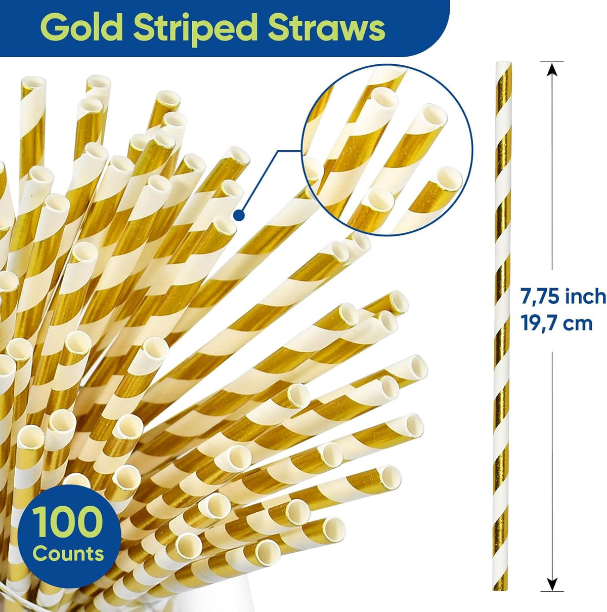 7.75 inch Gold/White Striped Paper Straws for Drinking 100 Counts for Bar, Restaurant, Wedding