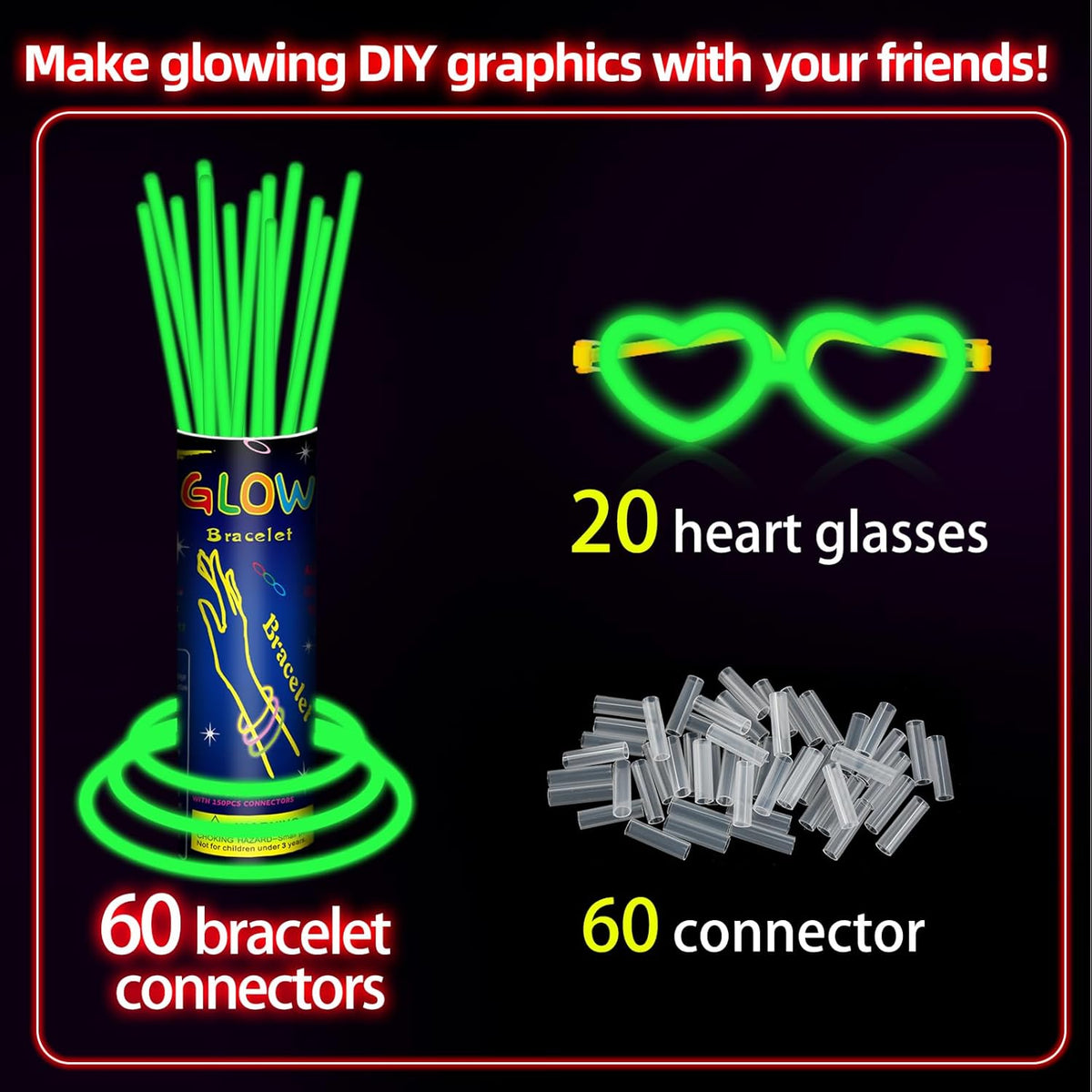 60 Pack 8” Green Glow Sticks Bulk Bright Glow Sticks with 60 Connectors 20 Heart Glasses Glow In