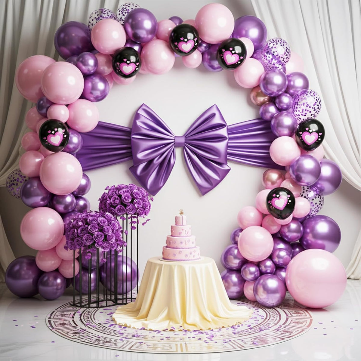 Pink Purple Black Balloons, 50PCS 12 Inch Black Macaron Metallic Purple Pink Birthday Heart Printed
