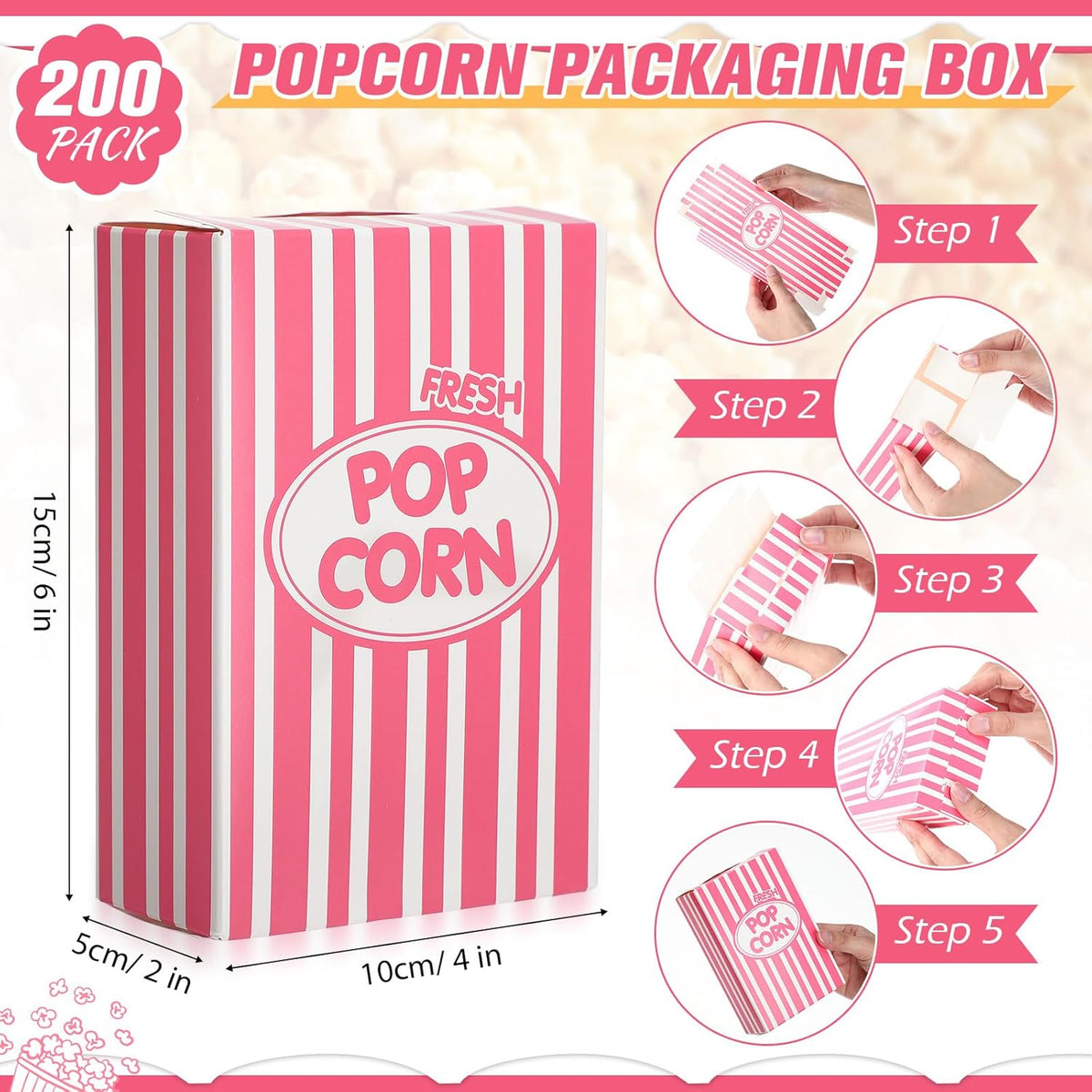 Xinnun 200 Pcs Paper Popcorn Boxes 1 oz Close Top Oil Proof Disposable Popcorn Container 6 x 4 x 2