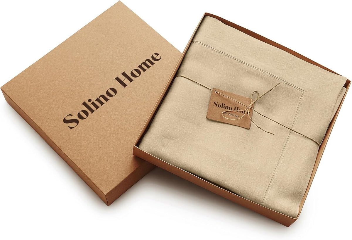 Solino Home Linen Beige Tablecloth 60 x 90 Inch - Classic Hemstitch, 100% Pure Linen Rectangular