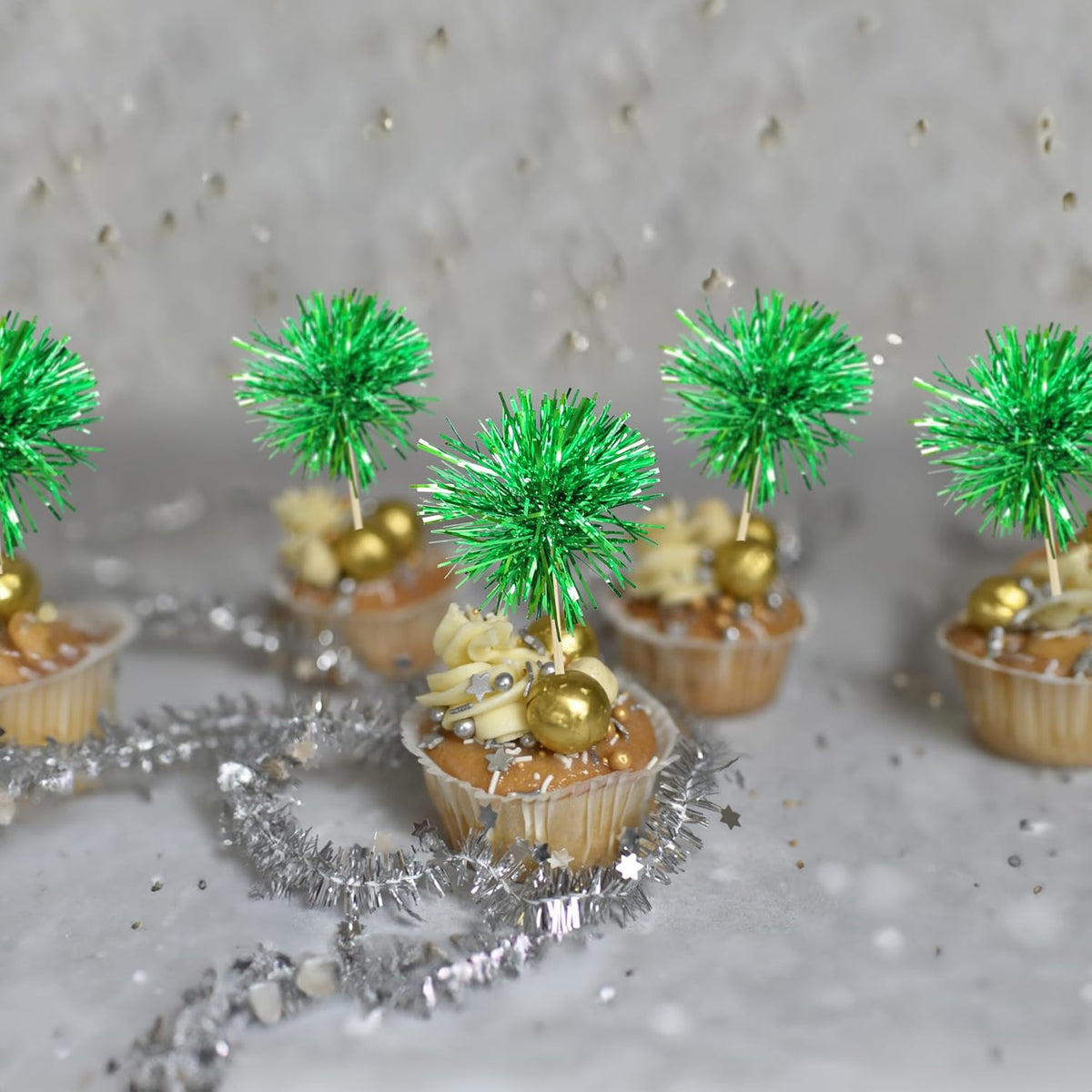 Gyufise 30Pcs Foil Firework Cupcake Toppers Sparkle Tinsel Cake Toppers Tinsel Drink Cake