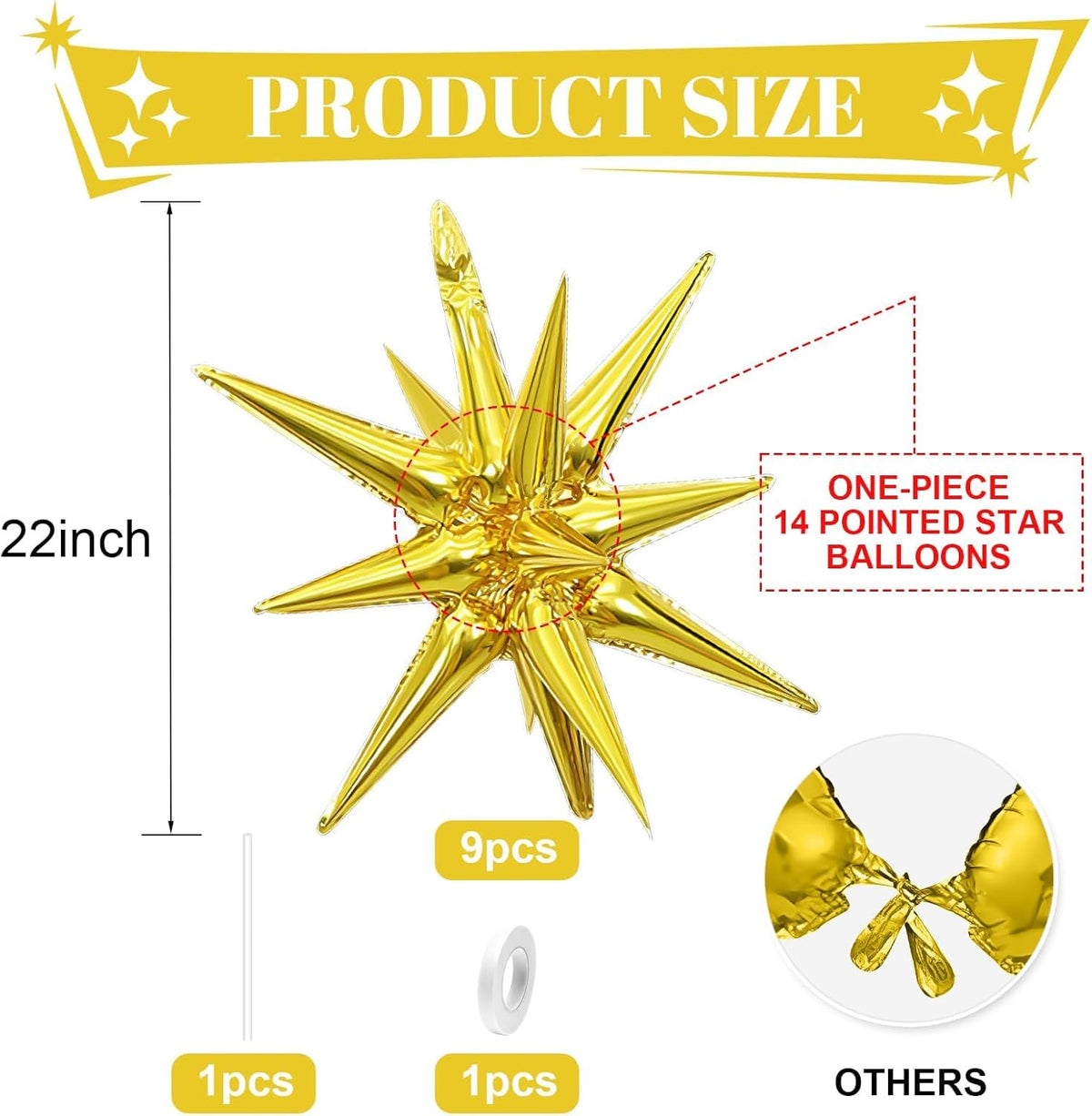 Gold Star Balloons,9Pcs 22Inch Gold Explosion Spike Cone Helium Polyester Film Star Foil Balloons