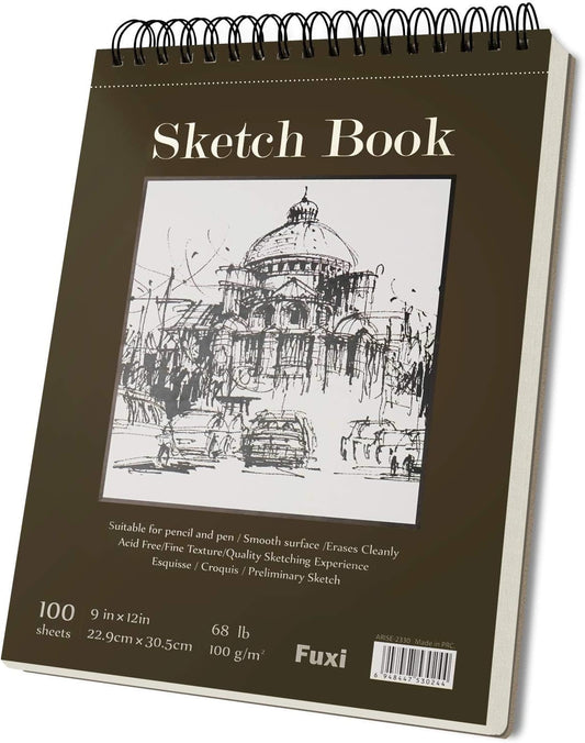 Fuxi 9" x 12" Sketch Book, Top Spiral Bound Sketch Pad, 100 Sheets 68lb/100gsm Acid-Free Drawing