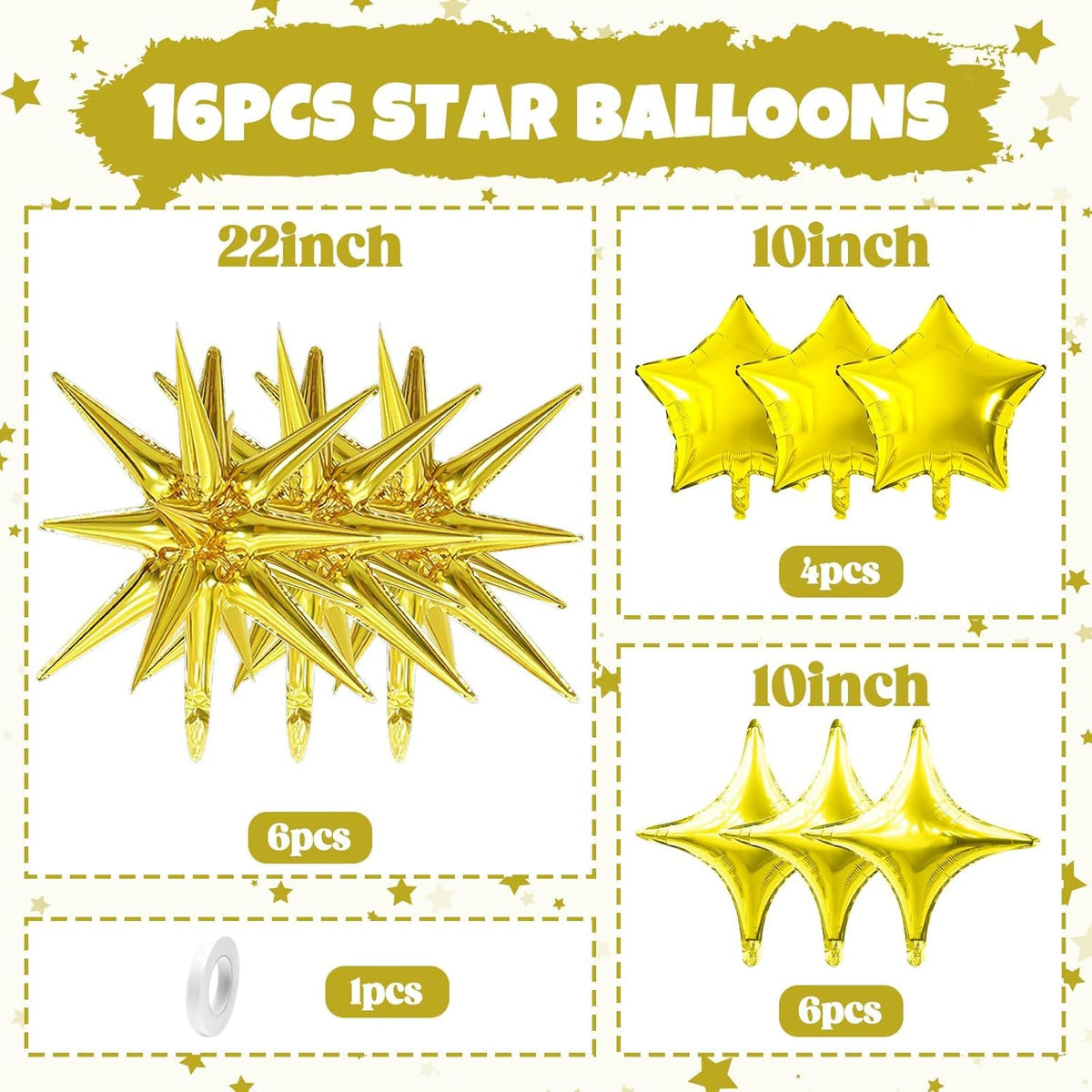 Gold Star Balloon,16Pcs Star Foil Balloons Set with 22Inch Explosion Spike Cone Balloons and 10Inch