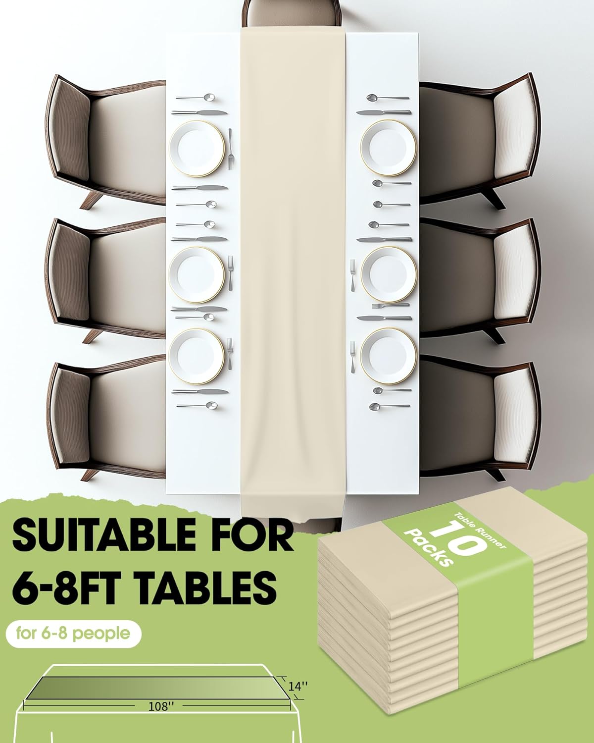 Pureegg Ivory Plastic Table Runners - 10 Pack, 14'' x 108'', Water Resistant & Disposable Cream