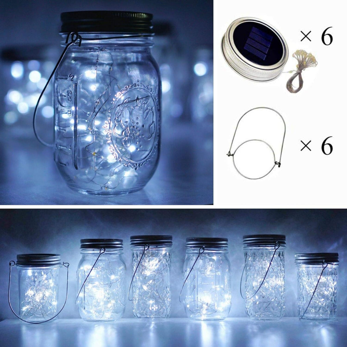 Solar Mason Jar Lights, 6 Pack 10 LED Jar Lid String Lights with 6 Hangers(No Jars), Waterproof