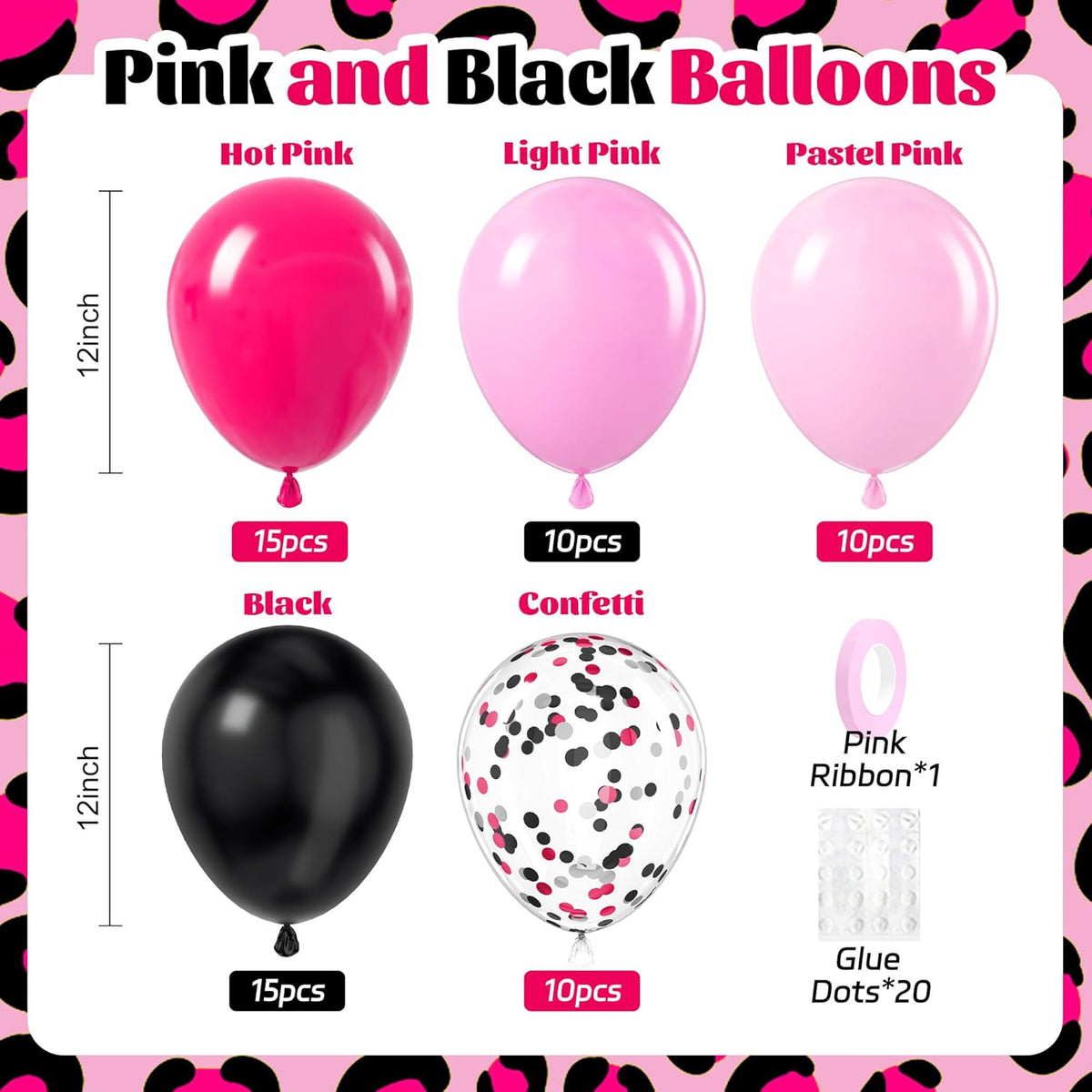 Pink and Black Balloons, 60pcs 12inch Hot Pink Black Pastel Pink Light Pink Confetti Balloons for