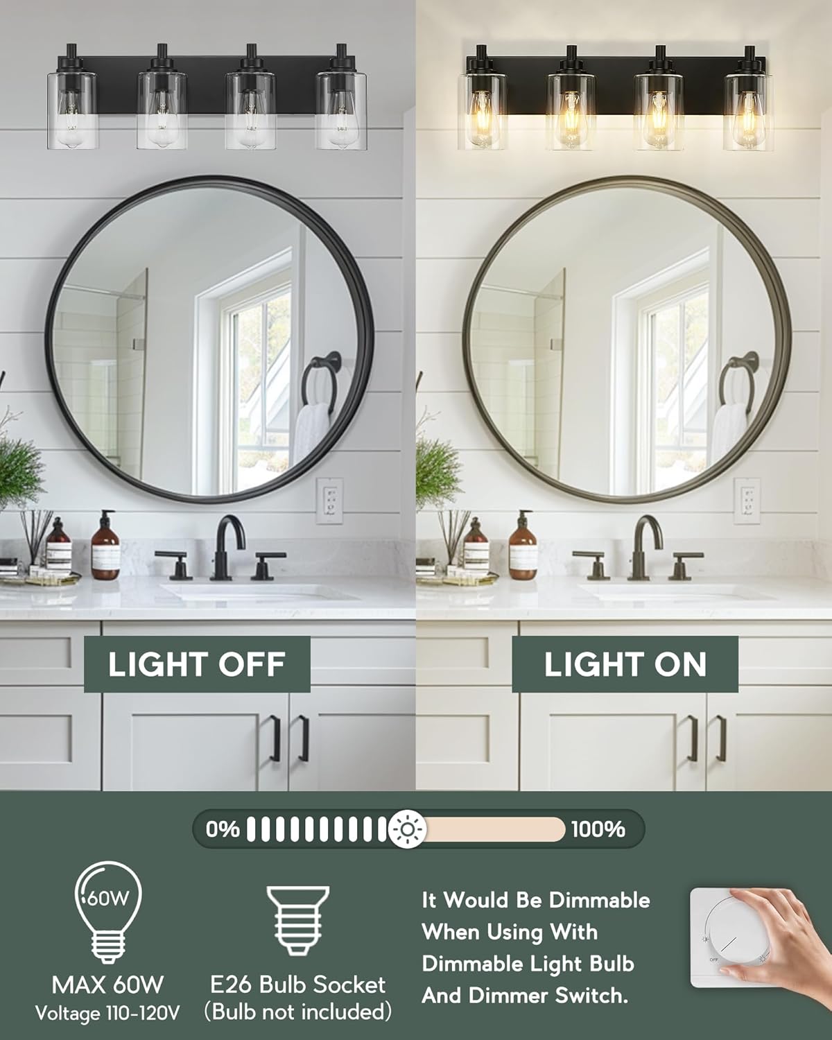 4-Light Bathroom Light Fixtures, Black Vanity Light with Cylinder Clear Glass Shade, Modern Vanity