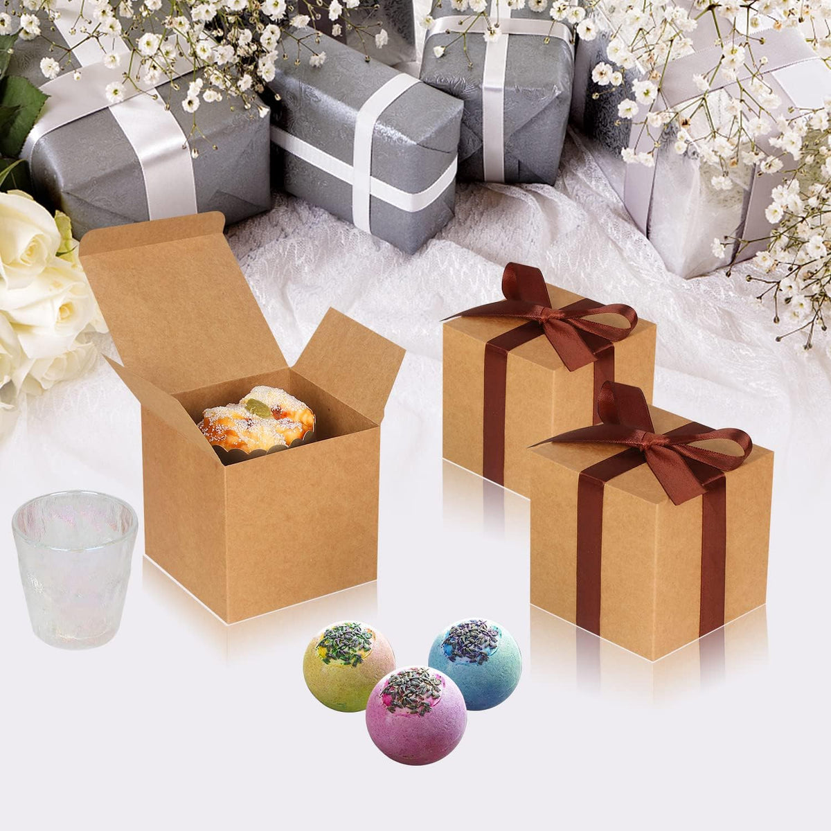 100 Pack Small Gift Boxes, 3x3x3 Inches Favor Boxes Brown Paper Gift Boxes with Lids for Presents