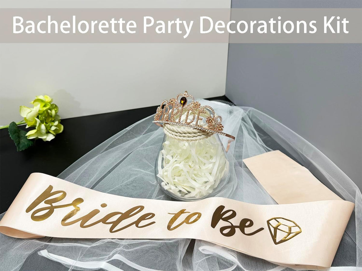 JETKONG 3 Pcs Bachelorette Party Decorations "BRIDE" Crown, Bride to Be Sash&Veil for Women