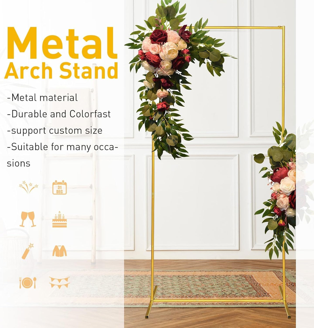Wedding Arch Backdrop Stand 6.6x6.6 FT Gold Square Balloon Arch Frame for Wedding, Birthday Party