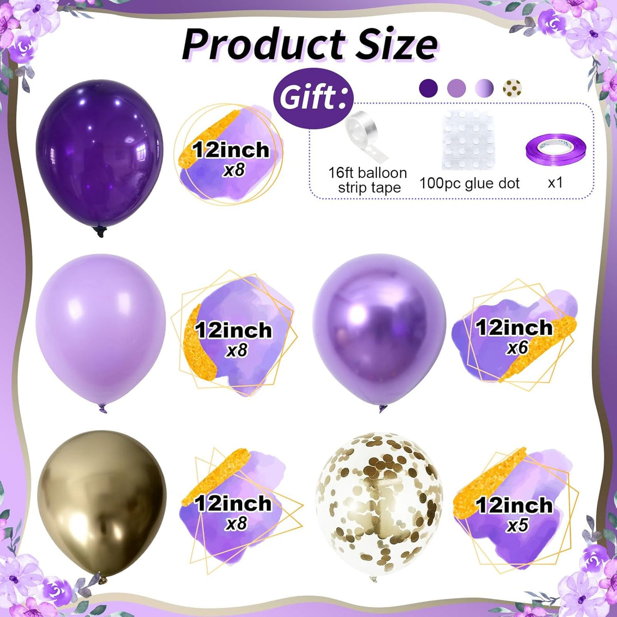 Purple and Gold Balloons, 12 Inch 35PCS Dark Pastel Purple Lavender Balloons with Metallic Gold