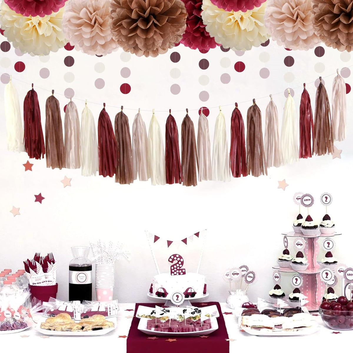 Brown Burgundy Champagne-Gold Party-Decorations - 30pcs Rustic Boho Wedding Tissue Pom-Poms