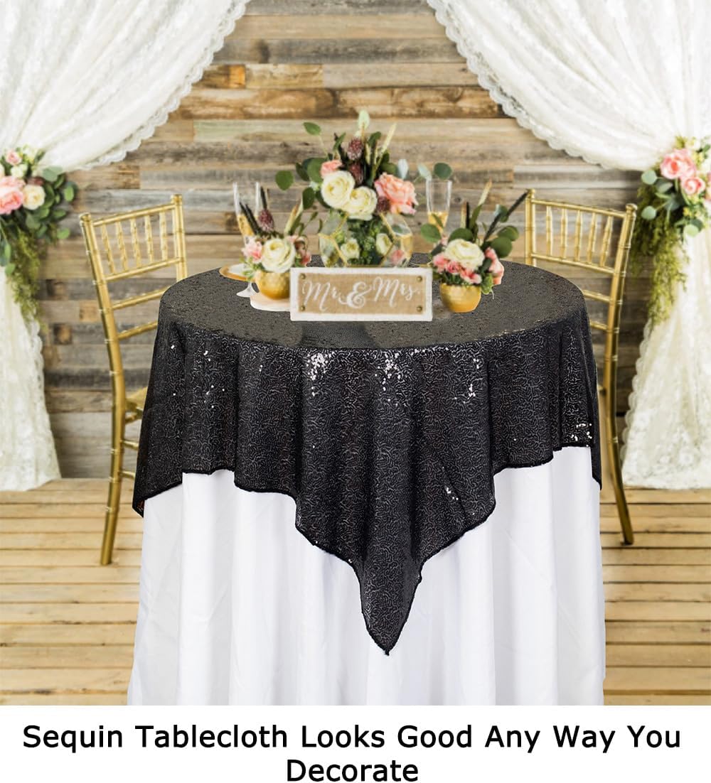 ShinyBeauty Black Tablecloths 36X36 Inch 2 Pieces Sequin Table Cloth for Party Sparkle Table Cloths