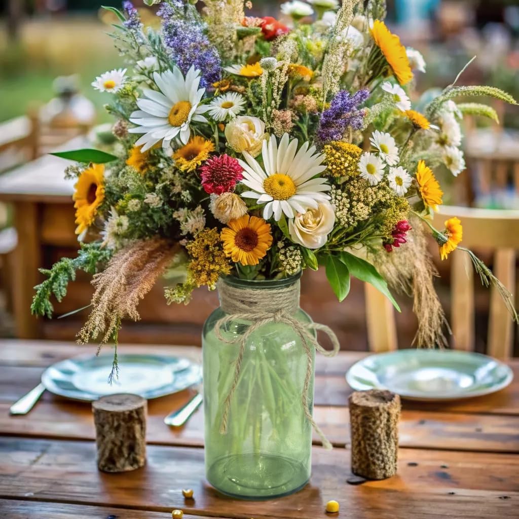Vintage Glass Flower Vase，6 Pack Green Farmhouse Glass Centerpiece Vases Mason Jars for Weddings