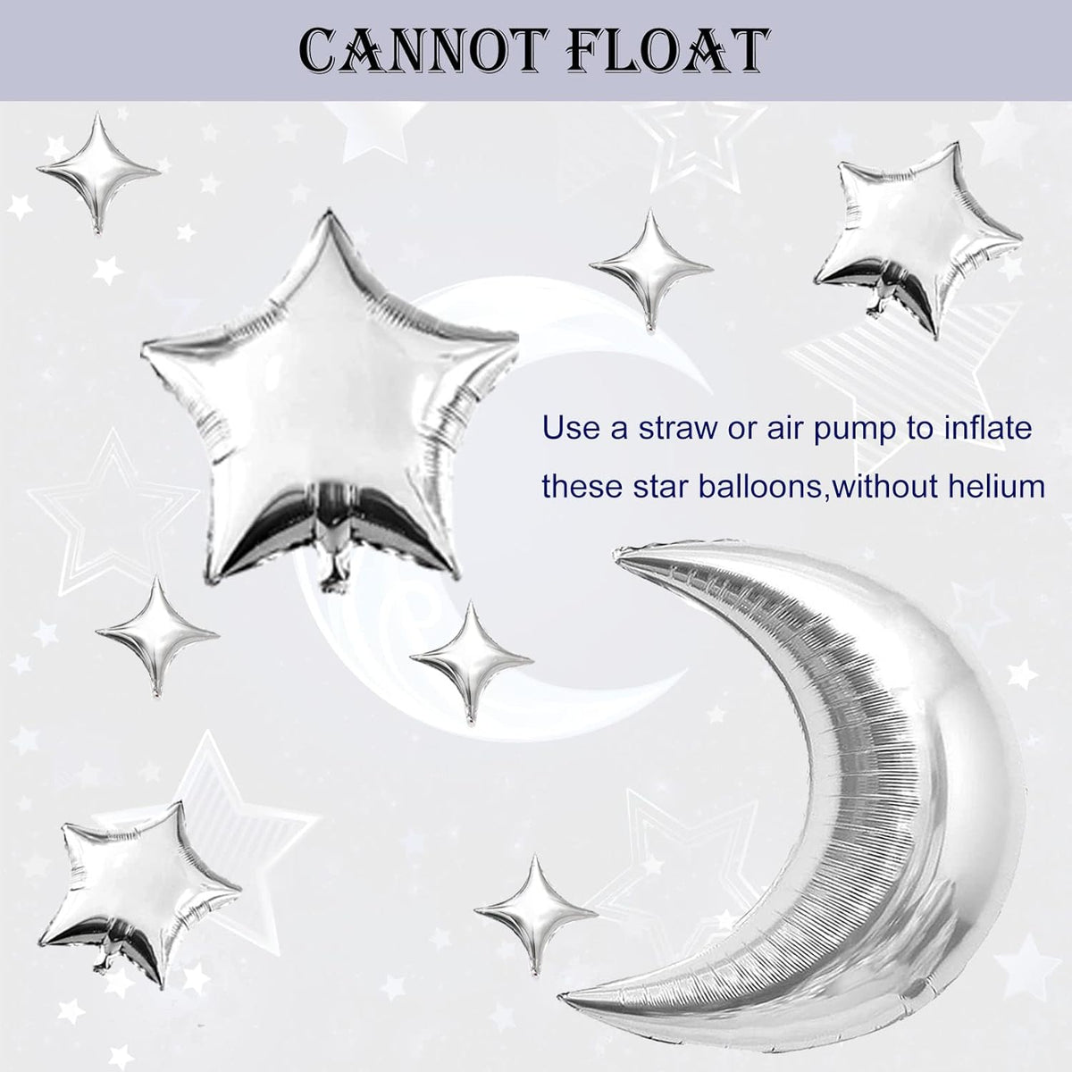 50pcs Silver Moon and Star Balloons,36"Moon Foil Balloons 18"10" Star Foil Balloons Four Pointed