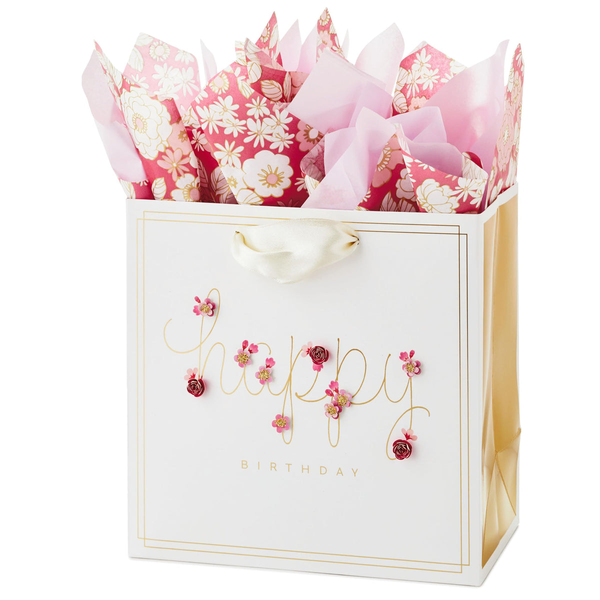 Hallmark Signature 7" Medium Birthday Gift Bag with Tissue Paper (Pink Flowers)