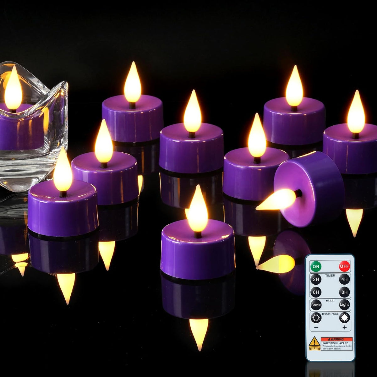 Amagic Flameless Purple Timer Remote Tealights Candles, 3D Black Wick Flickering Tea Light