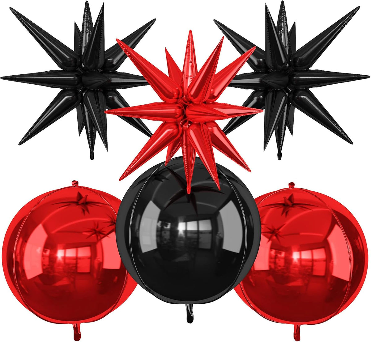 6Pcs Black Red Foil Balloons,22Inch Black Red 4D Round Ball Balloon and Explosion Star Balloon for